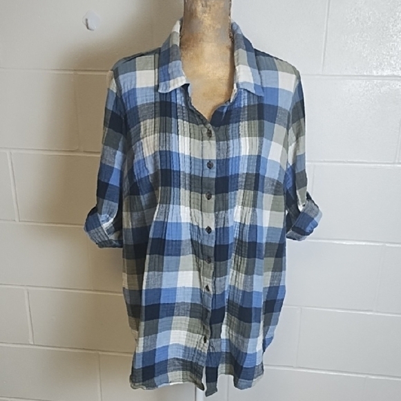 Gauzy Cotton Pintucked Front Yoke 3/4 Sleeves with Roll Tabs Button-up Shirt - Picture 1 of 13